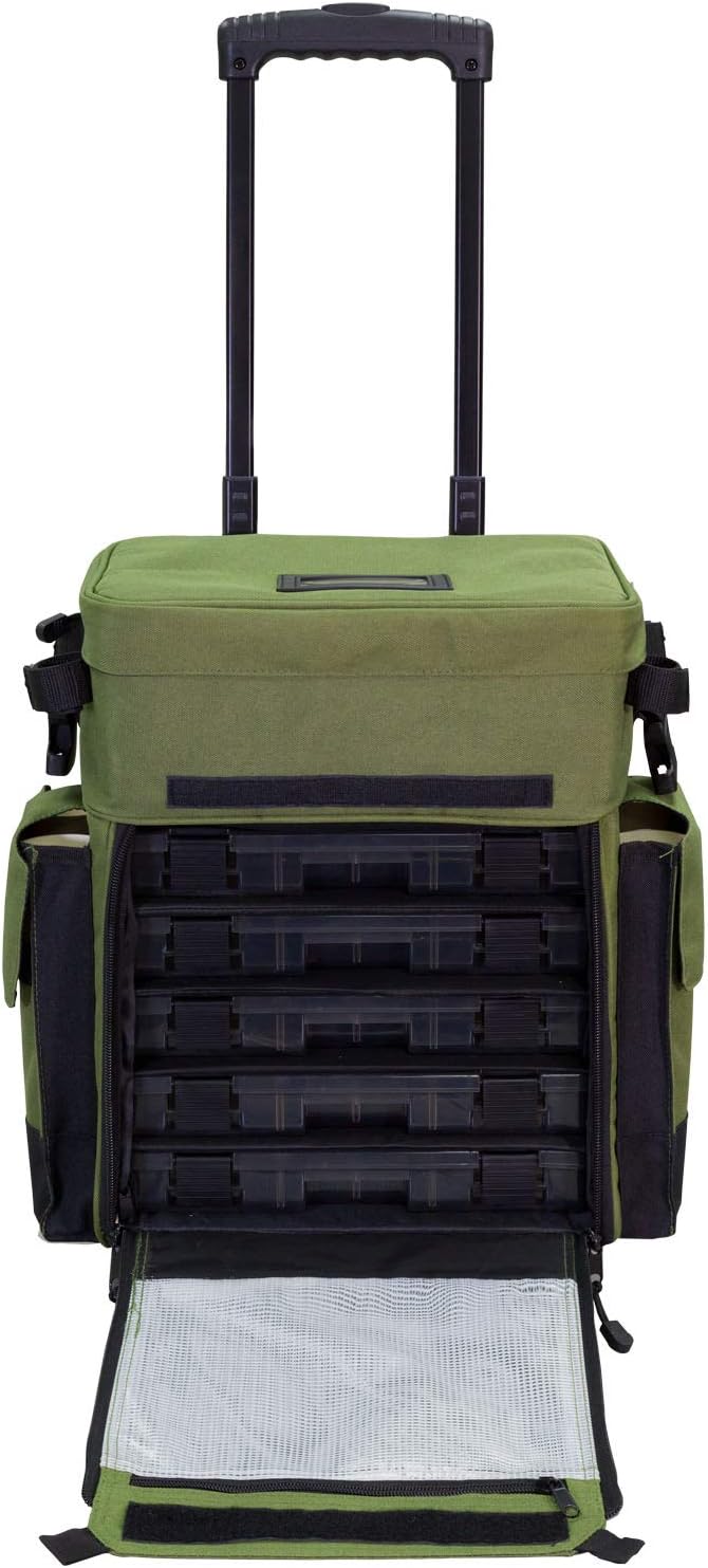 Elkton Outdoors Rolling Tackle Box with Wheels - Waterproof Rolling Fishing Backpack, 5 Removable Tackle Trays, 4 Rod Holders, Fishing Gifts for Men, Fish Tackle Bag, Roller Tackle Box