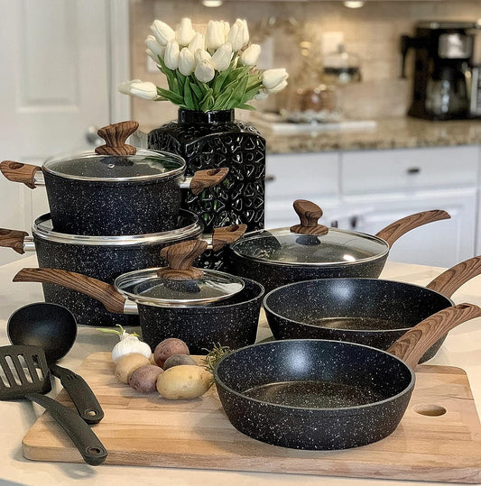 Kitchen Academy Induction Cookware Sets - 12 Piece Green Cooking Pan Set, Granite Nonstick Pots and Pans Set